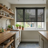 Manufactured cut-to-size black-grey 3% sheer roller blinds in scullery