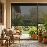 Custom manufactured black 3% sheer roller blinds on patio