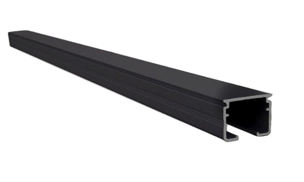 A single heavy duty black curtain rail with metal brackets and wheel runners and end caps