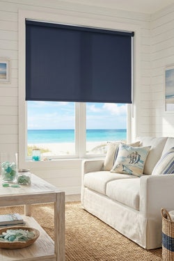 Custom manufactured blockout blueberry roller blind at beach house