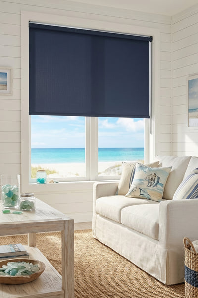 Custom manufactured blockout blueberry roller blind at beach house