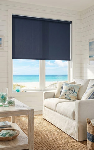 Custom manufactured blockout blueberry roller blind at beach house
