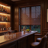 Custom cut-to-size cherry wood venetian blind in private bar