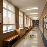 Custom cut-to-size cream-white 3% sheer roller blinds in school passage 