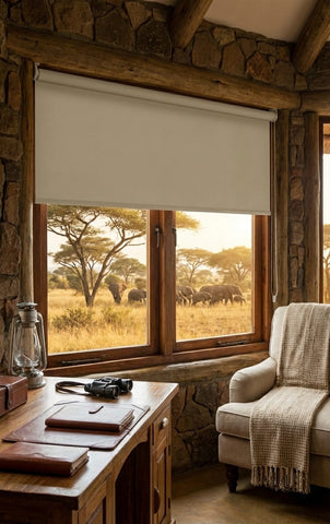 Cut-to-size creamy white blockout roller blind in safari lodge