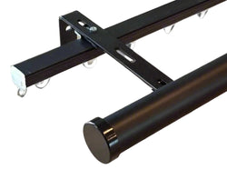 Black double combo channel curtain track system with wall brackets and end caps