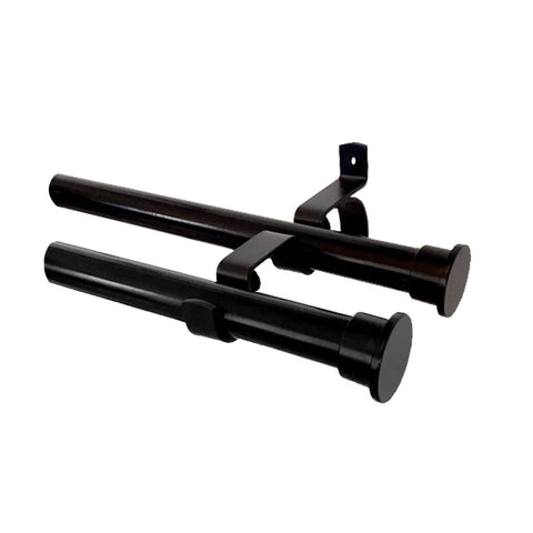 Two black metal curtain rods with double brackets and end caps assembled by Curtain Hardware and Blinds Company