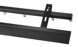 Close-up of a black double linear channel curtain track system factory direct Curtain Hardware and Blinds Company