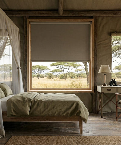 Manufactured blockout roller blind in colour dune for a safari bedroom