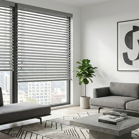 Custom cut-to-size manufactured 50mm grey wood blinds in modern apartment