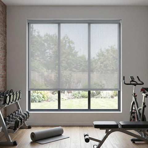 Cut to size grey 3% sheer roller blinds in private gym