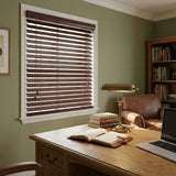 Manufactured cut-to-size 50mm mahogany wood venetian blind in home study