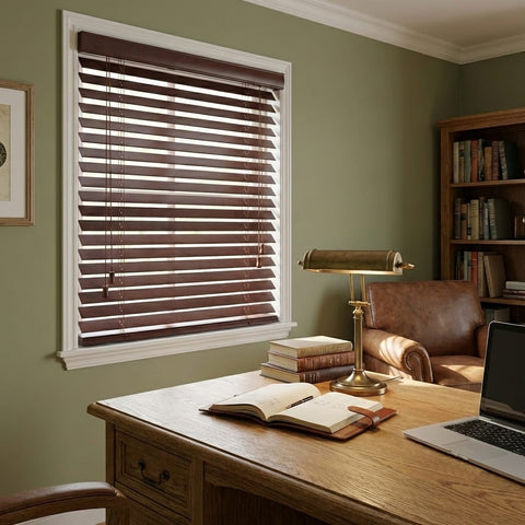 Manufactured cut-to-size 50mm mahogany wood venetian blind in home study