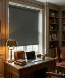 Manufactured cut-to-size odessey roller blind in home study