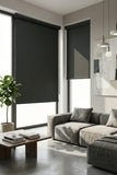 Custom manufactured pewter blockout roller blinds in modern home setting