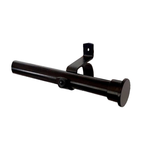 A single 25mm black curtain rod with a flat metal end cap, designed for use with eyelet curtains from curtain hardware and blinds factory