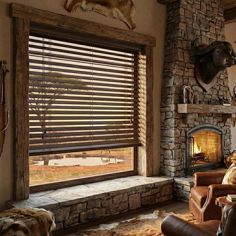 Manufactured and custom cut teak brown wood venetian blind in hunting lodge