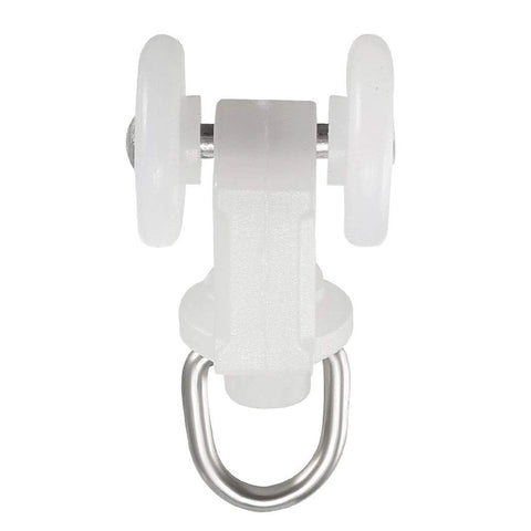 A white two-wheel curtain track runner with a steel support pin and a loop at the bottom for hanging on a track