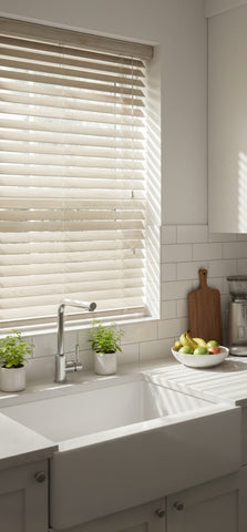 Kitchen with white wooden blinds, sink, and countertop with fruits.