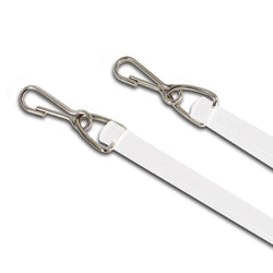 Two white curtain draw sticks with metal hooks at the end from curtain hardware and blinds company