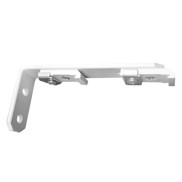 A double bracket for heavy duty curtain track, with wall fixings, typically white or black in color.