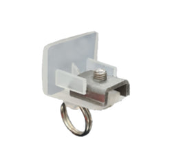 A white end cap with a steel clamp designed for heavy duty curtain tracks.