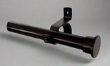 A single 25mm diameter black metal curtain rod with a bracket and end cap assembled by Curzon Curtain Hardware