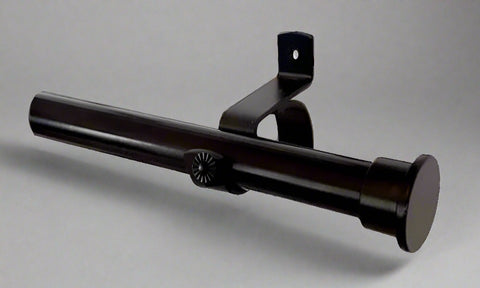 A single 25mm diameter black metal curtain rod with a bracket and end cap assembled by Curzon Curtain Hardware